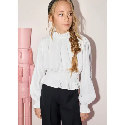 CREAM HONEYCOMB BLOUSE LONG SLEEEVE ELASTIC WAIST FRILL COLLAR TRIM / 5623-009