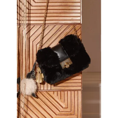 BLACK FAUX FUR HANDBAG GOLD TRIM / 5931-096