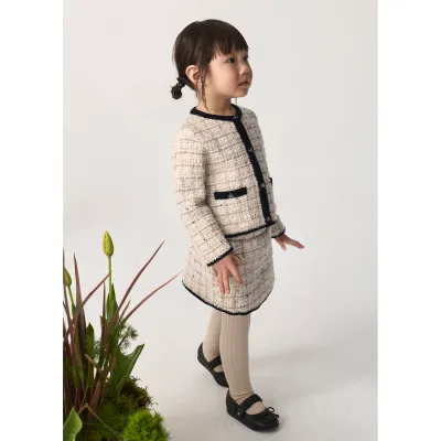 2PC BEIGE PLAID JACKET & SKIRT BLACK TRIM CHANNEL STYLE / 5518-004