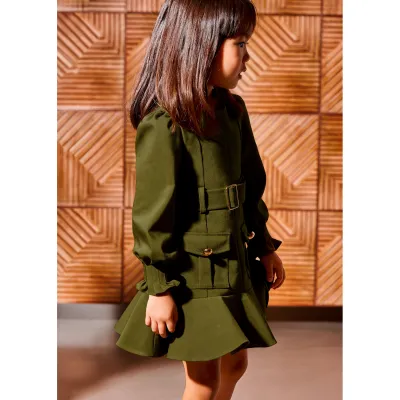 AVOCADO GREEN SKIRT POCKET DRESS W/BELT & FLOUNCE LONG SLEEVE / 5588-001
