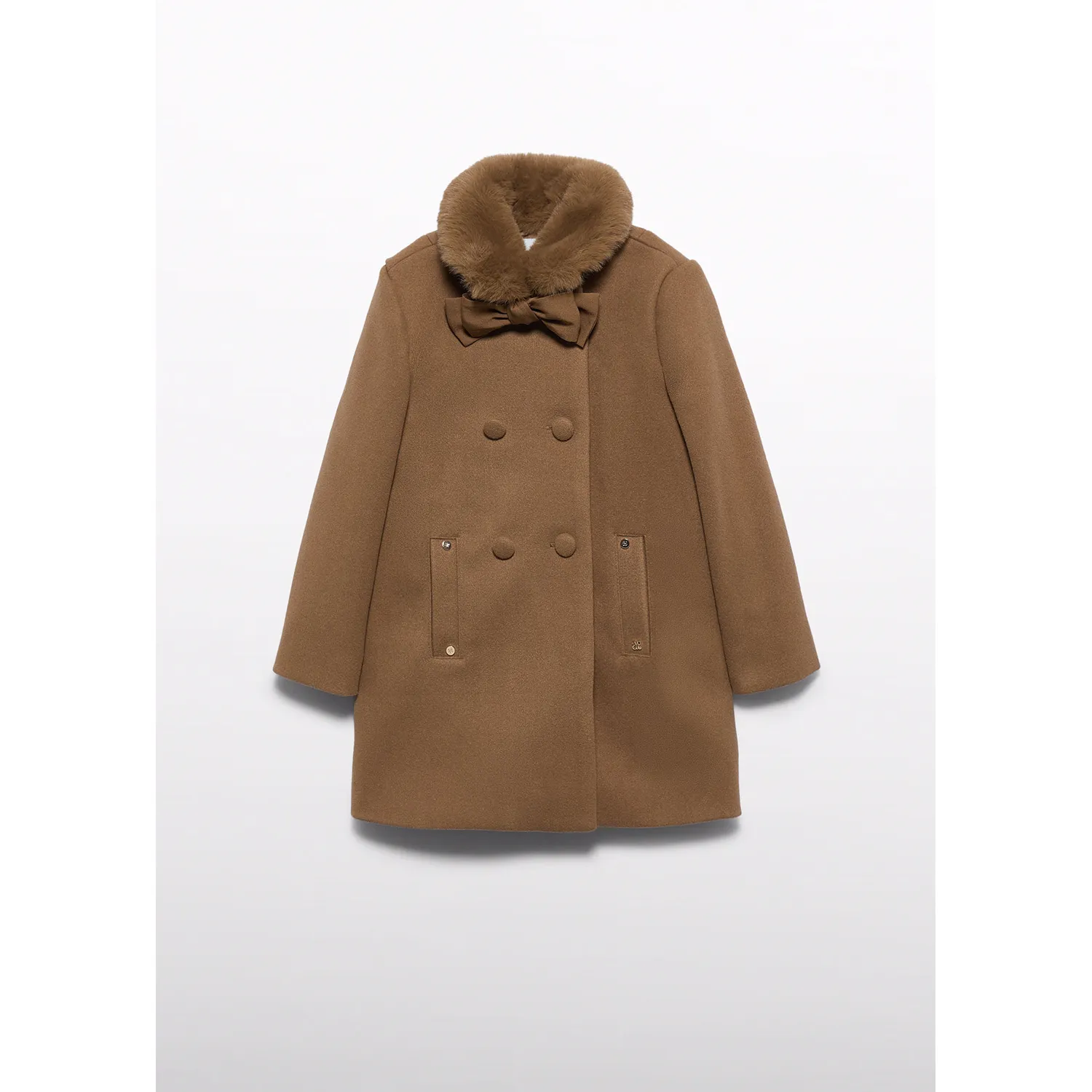 BROWN CLOTH COAT FAUX FUR COLLAR TRIM W/BOW / 5888-029