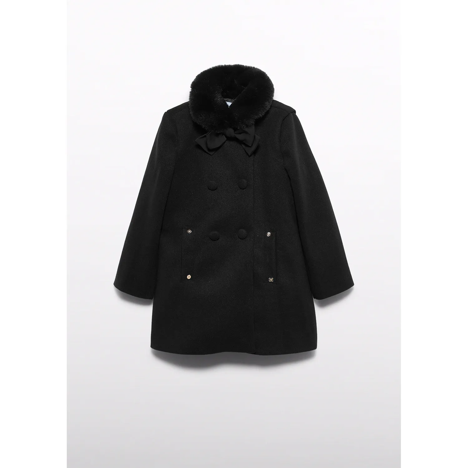 BLACK CLOTH COAT BOW & FAUX FUR COLLAR / 5888-027