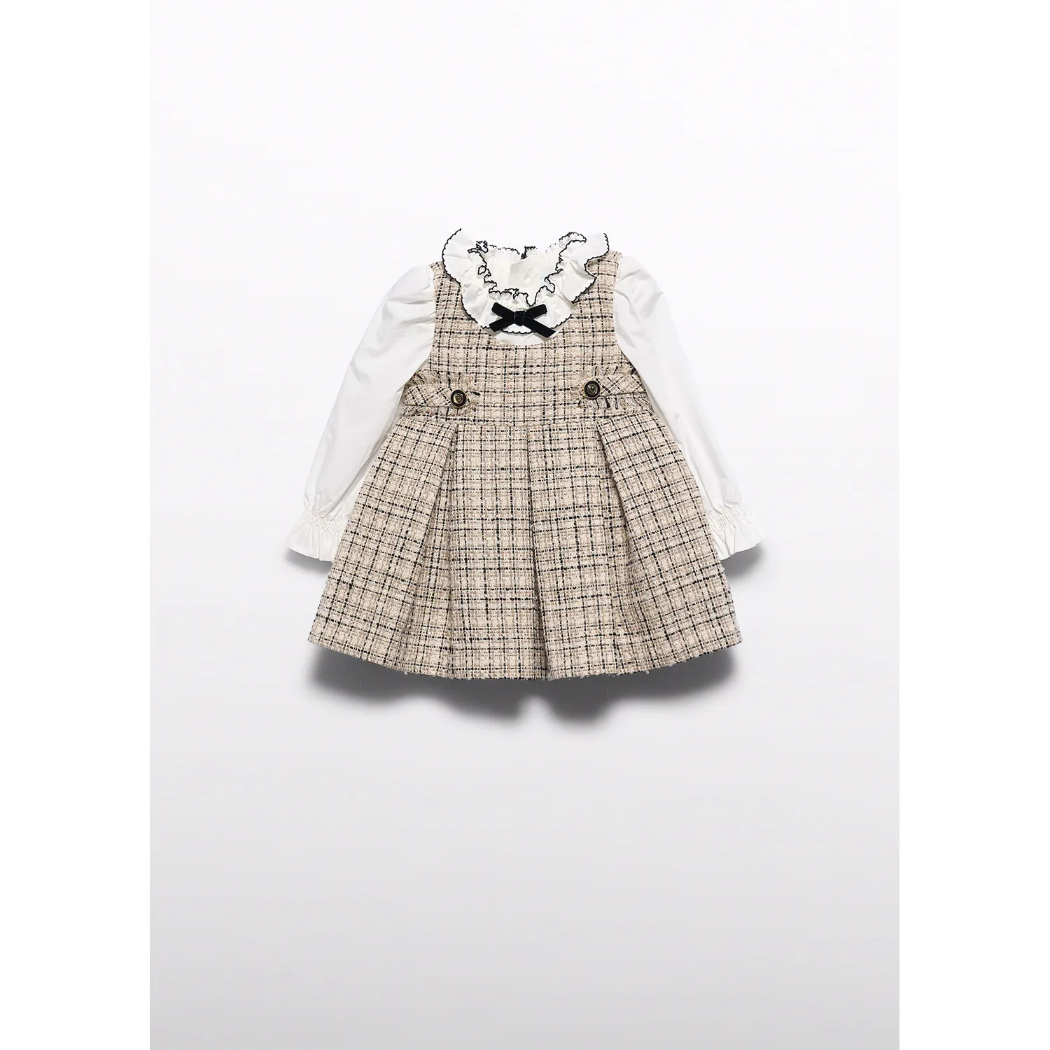 BEIGE CONTRAST TWEED PINAFORE DRESS CREAM BLOUSE / 5509-004