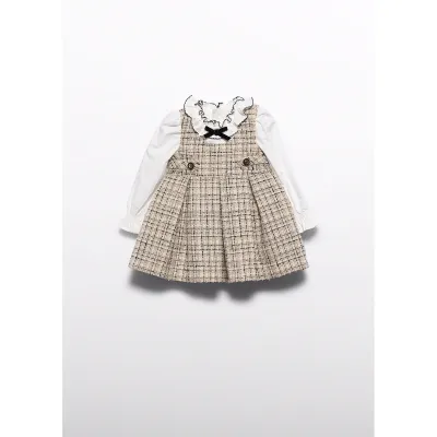 BEIGE CONTRAST TWEED PINAFORE DRESS CREAM BLOUSE / 5509-004