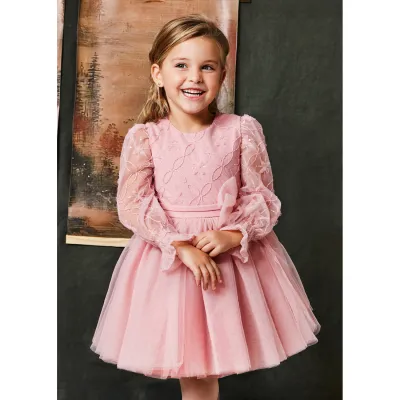 PETAL PINK DRESS EMBROIDERED BODICE & ORGANZA SKIRT BOW TRIM / 5536-010