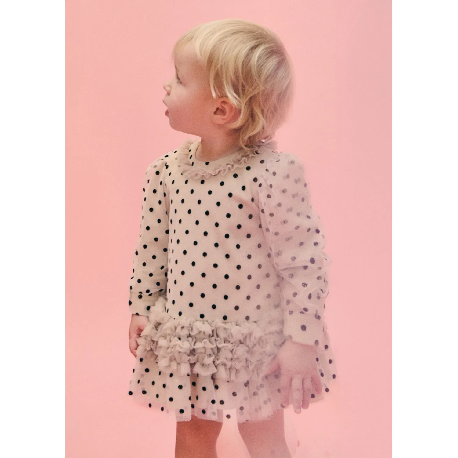 BEIGE TULLE DRESS BLACK POLKA DOTS PRINT TULLE RUFFLE TRIM / 5508-004