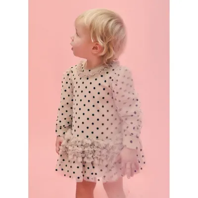 BEIGE TULLE DRESS BLACK POLKA DOTS PRINT TULLE RUFFLE TRIM / 5508-004