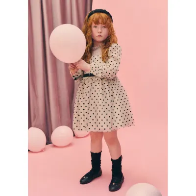 BEIGE TULLE DRESS BLACK VELVET BELT & BLACK DOTS PRINT / 5532-004