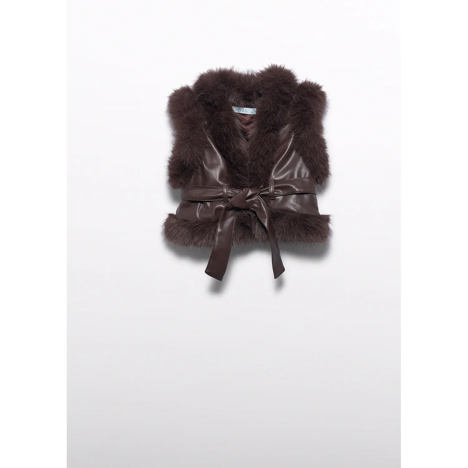 BROWN FAUX FUR PADDED VEST WITH BELT PLEATHER / 5808-006