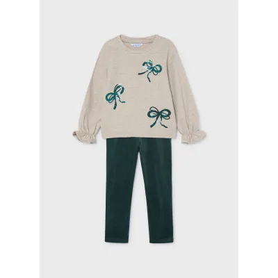2PC GREY & GREEN LEGGING SET GREEN SEQUIN BOWS & VELOUR LEGGING / 4739-060