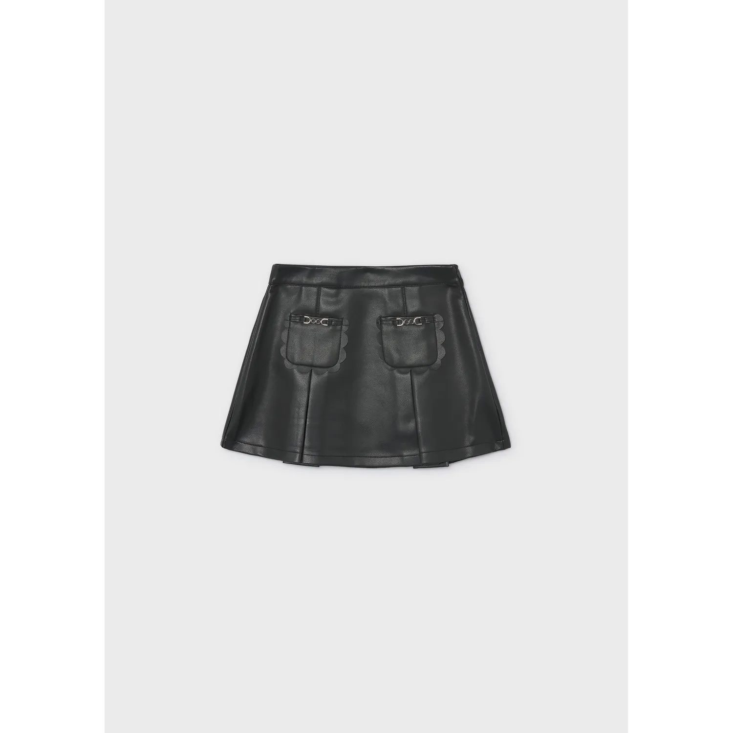 BLACK LEATHER SKIRT 2POCKETS W/GOLD CHAIN & PLEATS / 4904-026