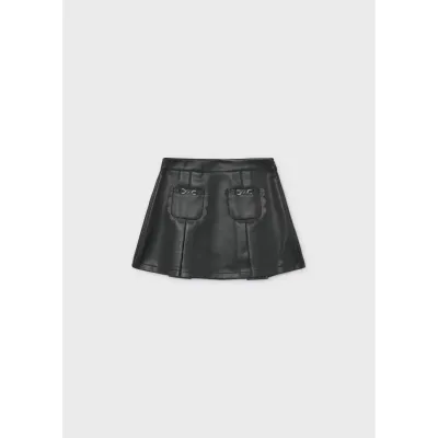 BLACK LEATHER SKIRT 2POCKETS W/GOLD CHAIN & PLEATS / 4904-026