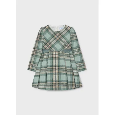 GREEN PLAID DRESS LONG SLEEVE VELVET TRIM BELT / 4923-044