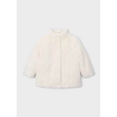 CREAM FAUX FUR COAT CABLESTITCH PRINT / 4415-034