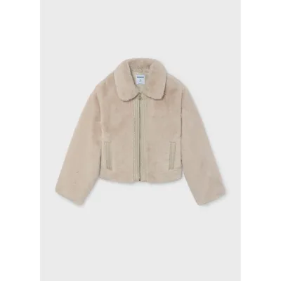 BEIGE FAUX FUR COAT PLATHER TRIM ZIP CLOSURE / 7401-042