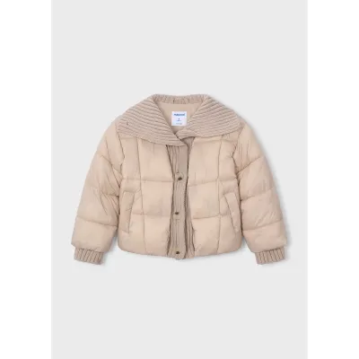 BEIGE PUFFER JACKET KNIT COLLAR CUFF & FRONT PANEL / 4420-055
