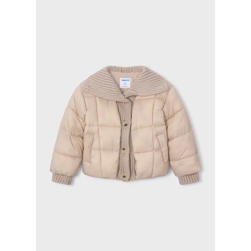 BEIGE PUFFER JACKET KNIT COLLAR CUFF & FRONT PANEL / 4420-055