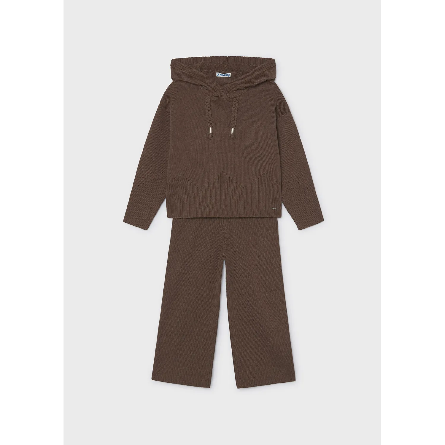 2PC BROWN KNIT HOODED PANT SET BRAIDED TASSEL TRIM / 4529-091