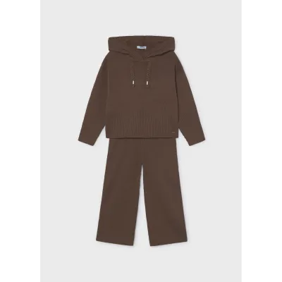 2PC BROWN KNIT HOODED PANT SET BRAIDED TASSEL TRIM / 4529-091