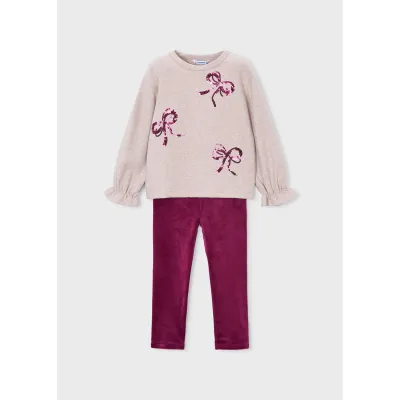 2PC BEIGE & RASBERRY LEGGING SET SEQUIN BOW TRIM / 4739-059