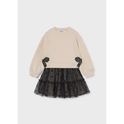 2PC CREAM TOP & BLACK TULLE SKIRT BLACK BOW TRIM SPARKLY / 4934-062