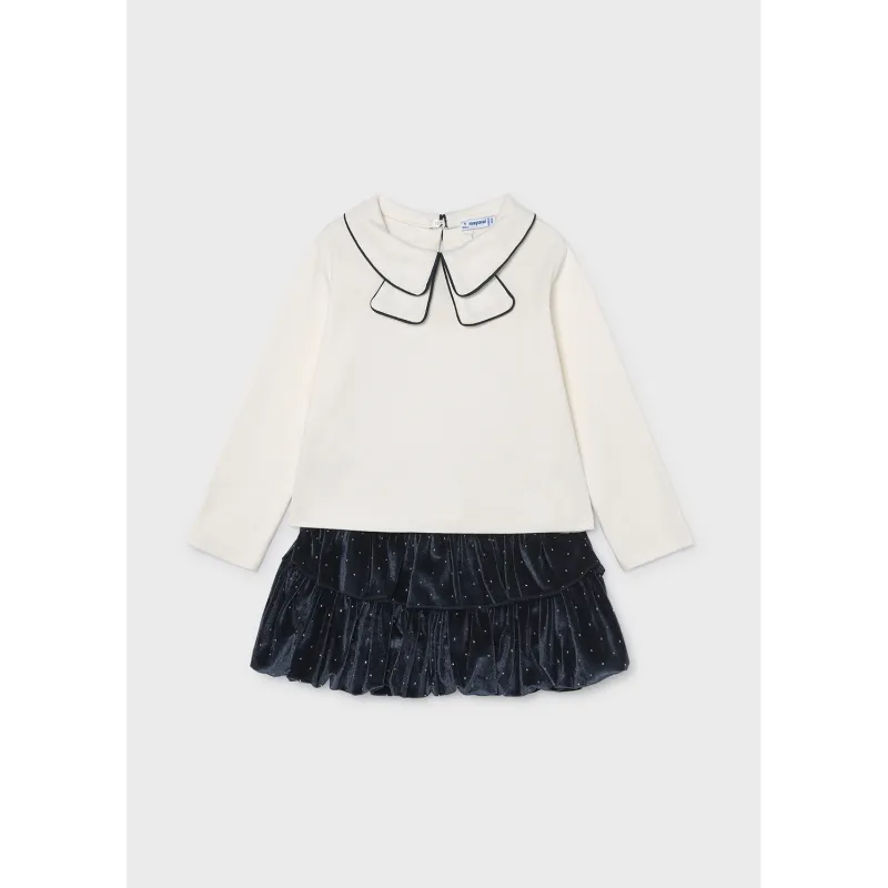 2PC NAVY VELVET SKIRT & CREAM TOP STAR PRINT W/COLLAR / 4936-011