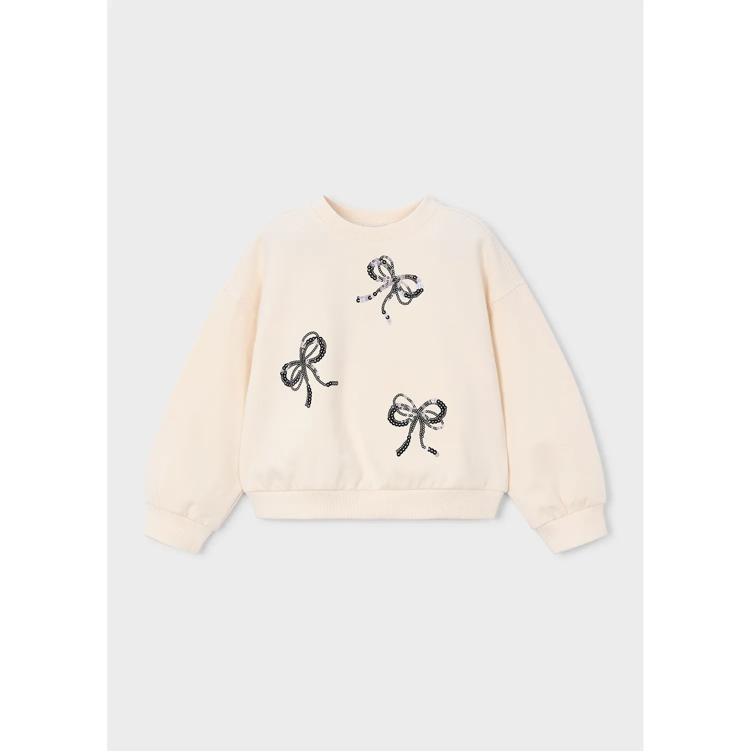 BEIGE PULLOVER BLACK SEQUIN BOW APPLIQUE / 4405-076