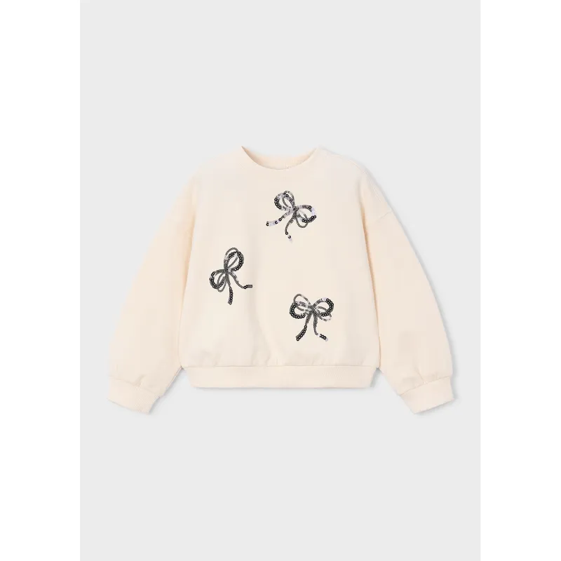 BEIGE PULLOVER BLACK SEQUIN BOW APPLIQUE / 4405-076