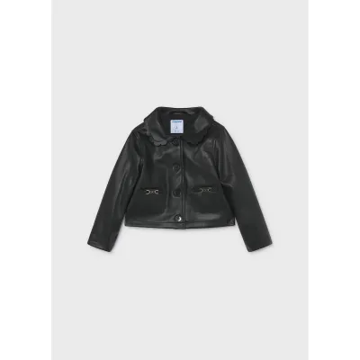 BLACK PLEATHER JACKET 2POCKETS SCALOPED COLLAR TRIM / 4410-026
