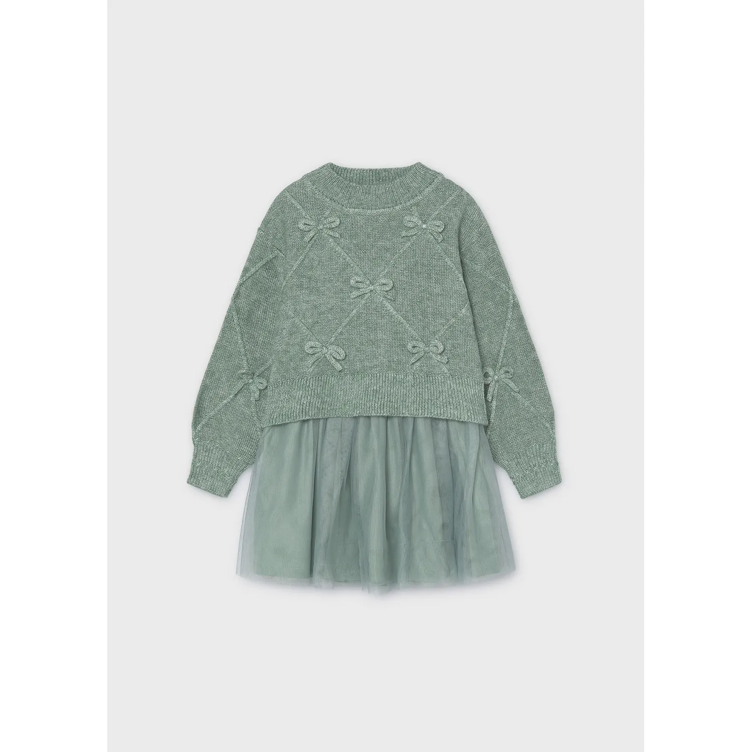 2PC GREEN SWEATER & TULLE DRESS BOW APPLIQUE / 4927-038