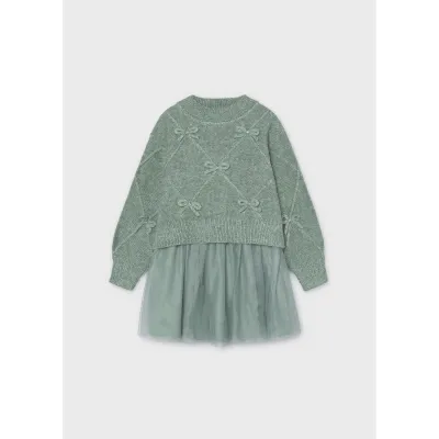 2PC GREEN SWEATER & TULLE DRESS BOW APPLIQUE / 4927-038