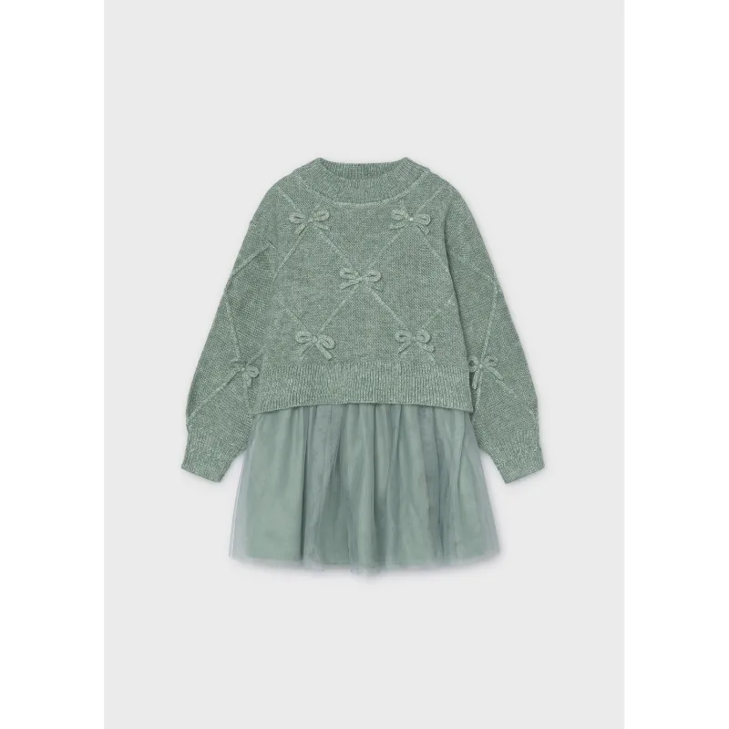 2PC GREEN SWEATER & TULLE DRESS BOW APPLIQUE / 4927-038