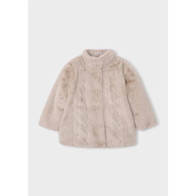 TAUPE FAUX FUR COAT CABLE STITCH PRINT / 4415-035