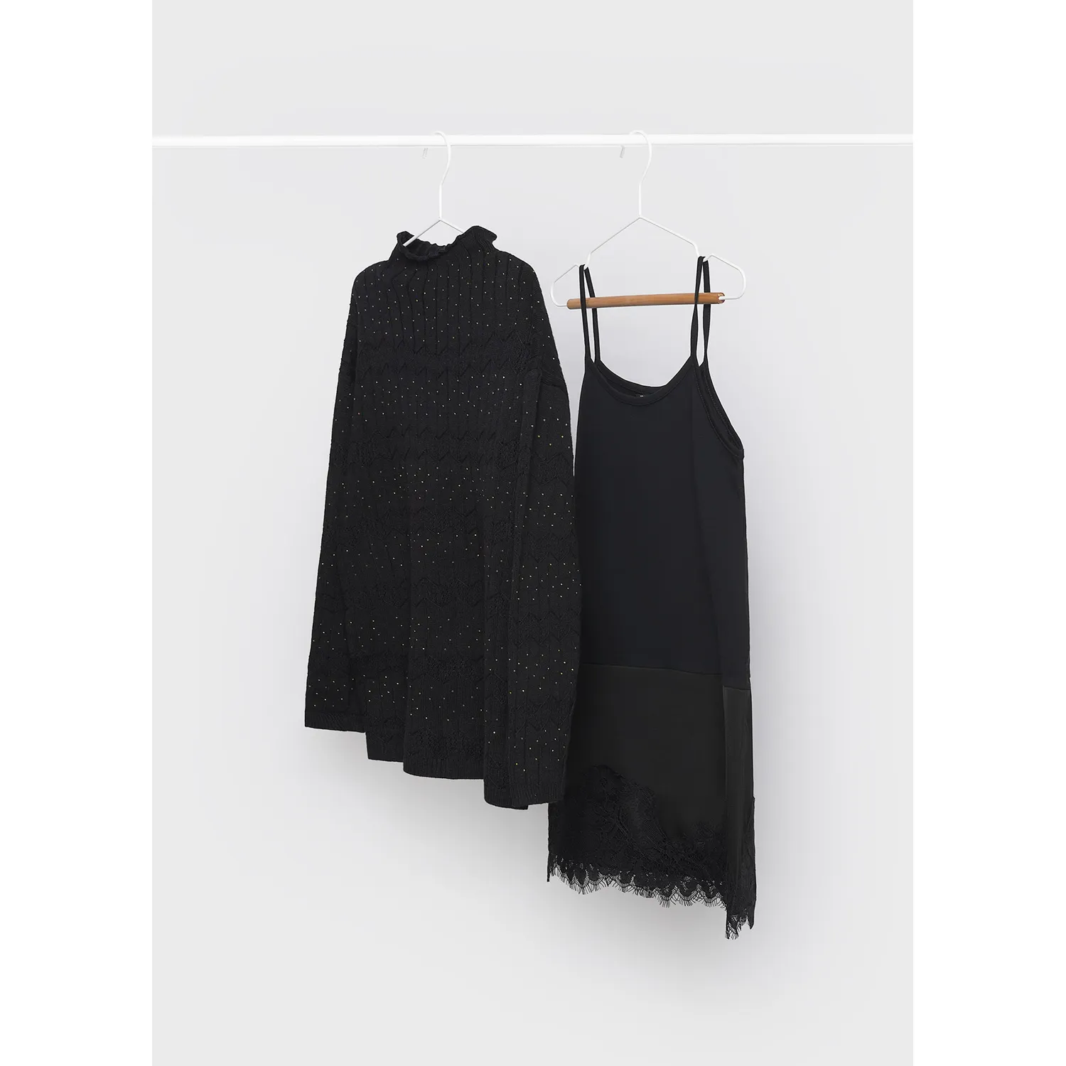 2PC BLACK LACE TOP & SLIP DRESS LACE TRIM GOLD SPARKLE TRIM / 7939-054