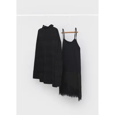 2PC BLACK LACE TOP & SLIP DRESS LACE TRIM GOLD SPARKLE TRIM / 7939-054