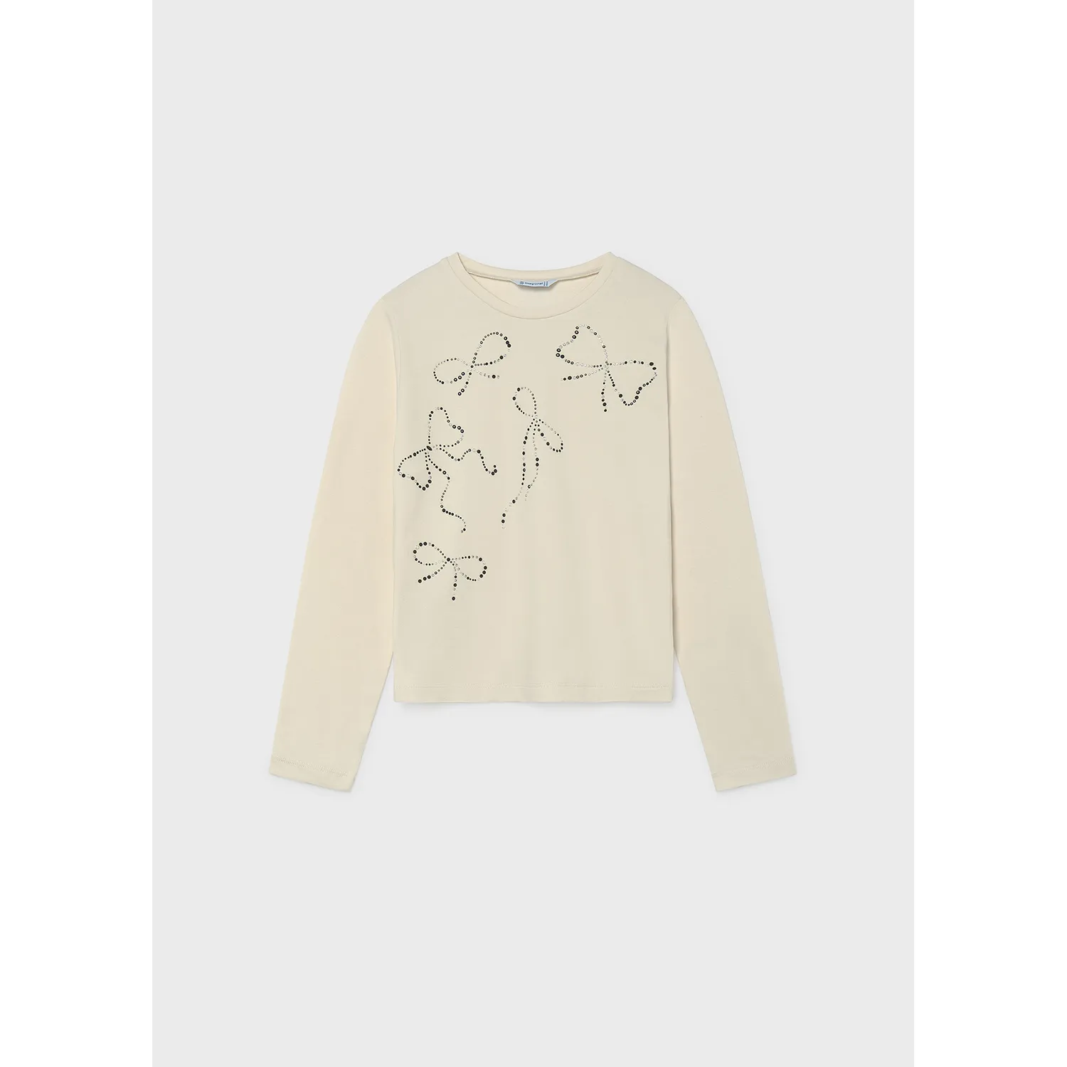 CREAM TSHIRT STUDDED BOW TRIM LONG SLEEVE / 7065-069