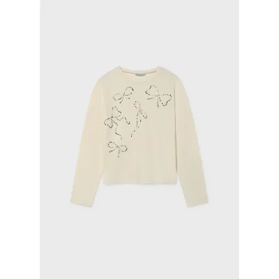 CREAM TSHIRT STUDDED BOW TRIM LONG SLEEVE / 7065-069