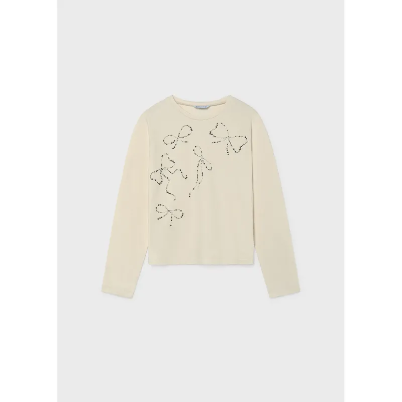 CREAM TSHIRT STUDDED BOW TRIM LONG SLEEVE / 7065-069