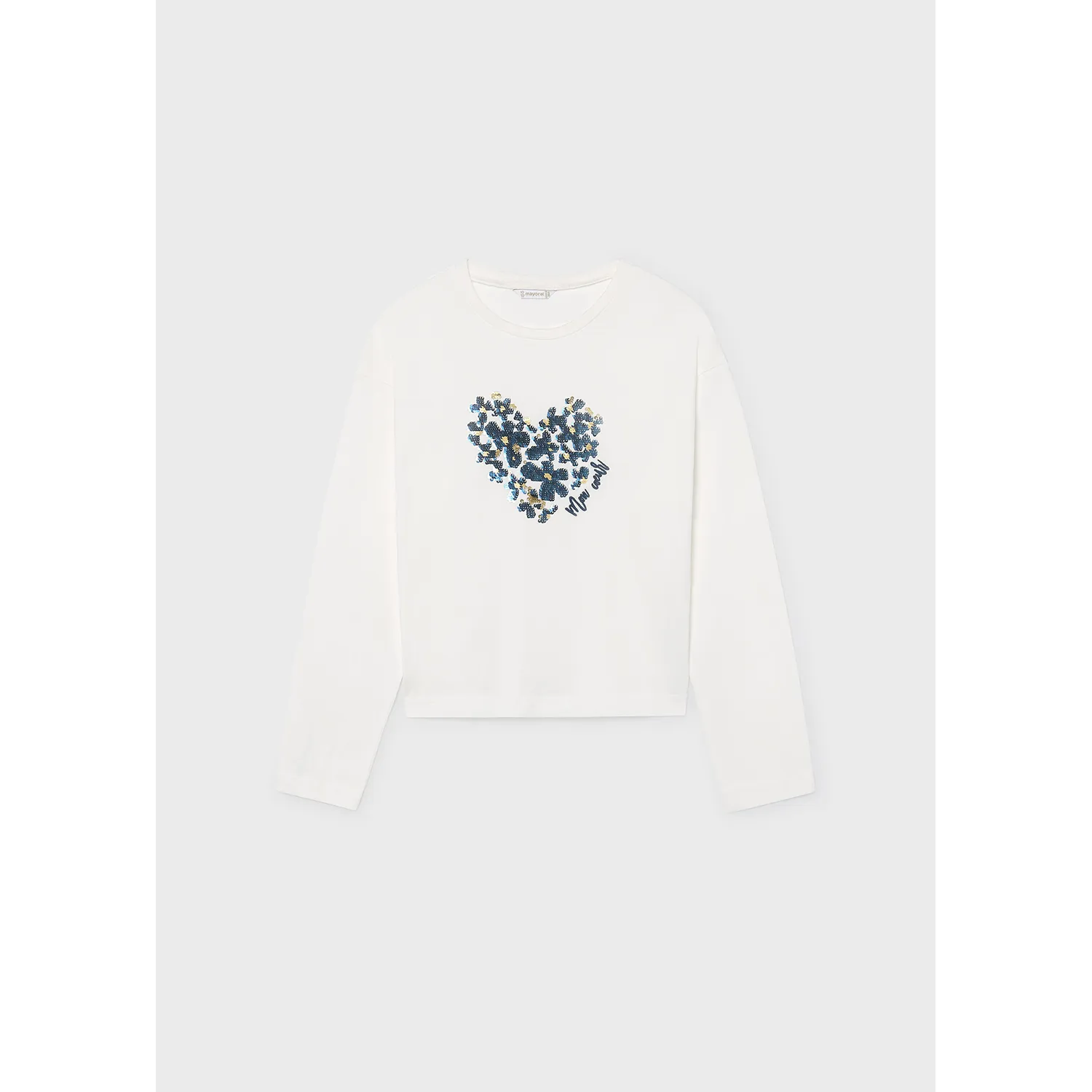 CREAM TSHIRT NAVY SEQUIN APPLIQUE HEART SHAPED LONG SLEEVE / 7064-065