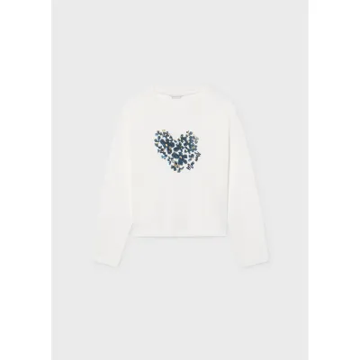 CREAM TSHIRT NAVY SEQUIN APPLIQUE HEART SHAPED LONG SLEEVE / 7064-065
