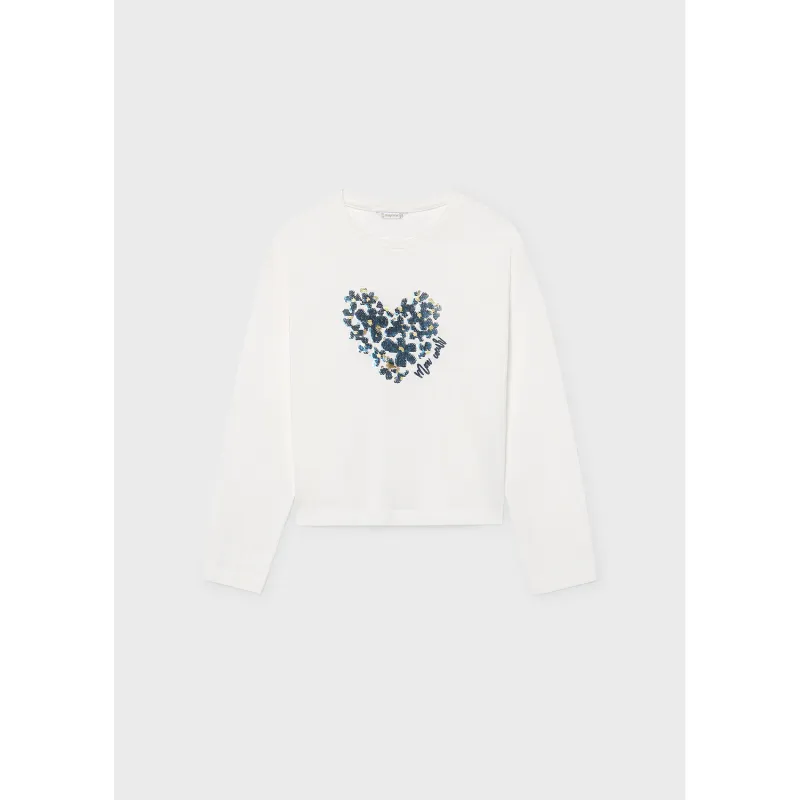 CREAM TSHIRT NAVY SEQUIN APPLIQUE HEART SHAPED LONG SLEEVE / 7064-065