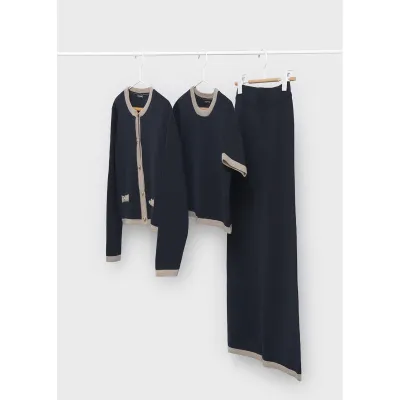 3PC NAVY KNIT TOP & PANT SET CARDIGAN BEIGE TRIM WIDE LEG / 7536-064