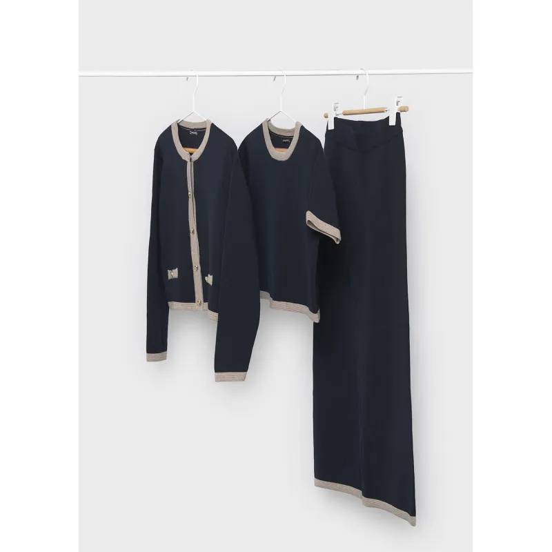 3PC NAVY KNIT TOP & PANT SET CARDIGAN BEIGE TRIM WIDE LEG / 7536-064