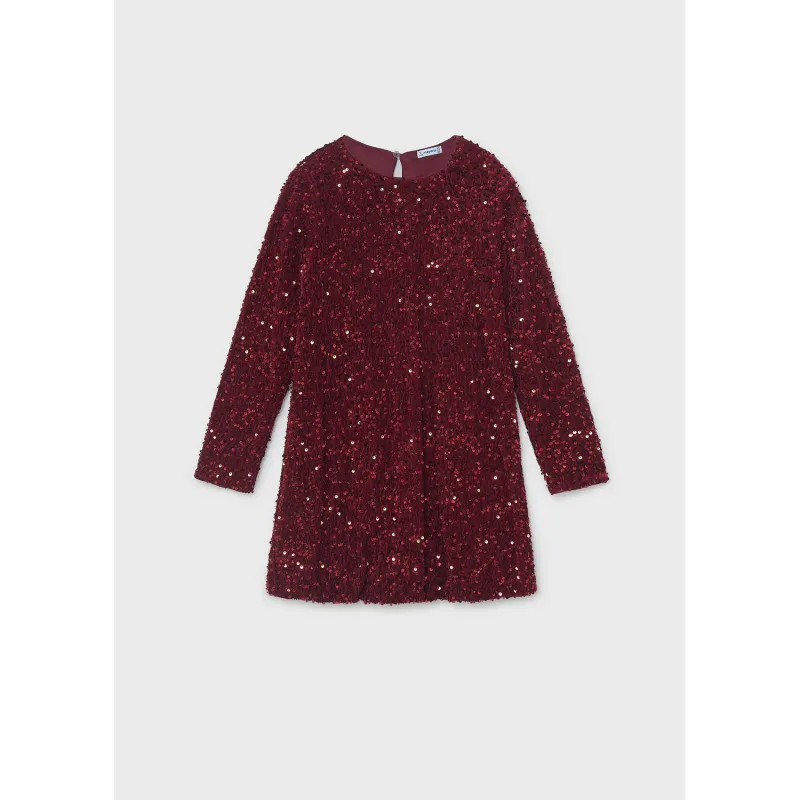 RED SEQUIN VELVET DRESS BUBBLE HEMLINE / 7903-041