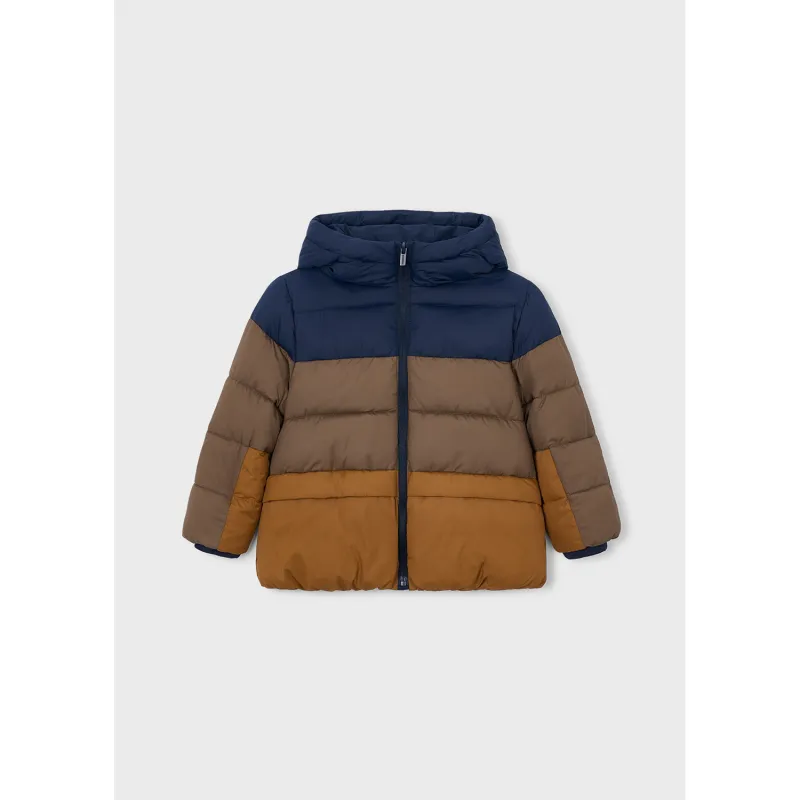 NAVY-BROWN & COGNAC STRIPE PUFFER JACKET HOODED / 4403-046