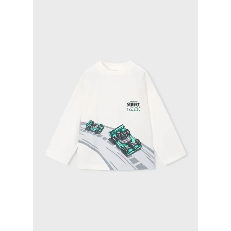 CREAM TSHIRT GREEN RACECAR PRINT LONG SLEEVE / 4011-023