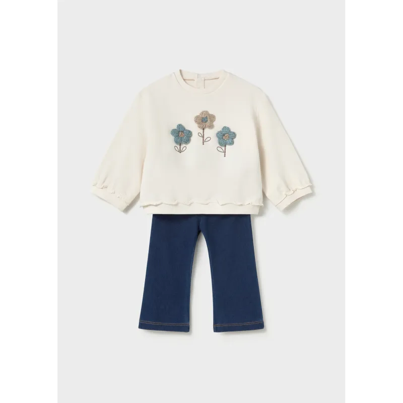2PC OFF WHITE & NAVY LEGGING SET CROCHET FLOWER APPLIQUE / 2706-049