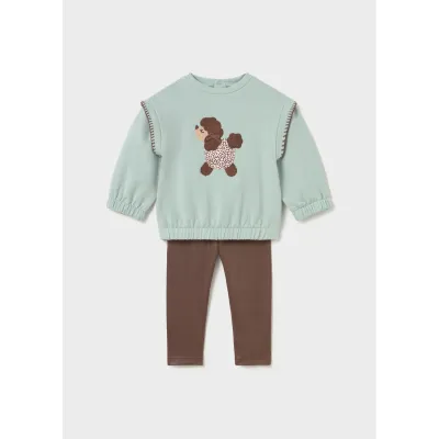 2PC GREN & BROWN LEGGING SET BROWN POODLE APPLIQUE / 2707-051