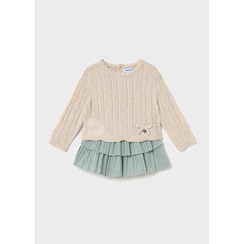 2PC BIEGE & GREEN SKIRT SET KNIT TOP PLEATED SKIRT / 2955-051
