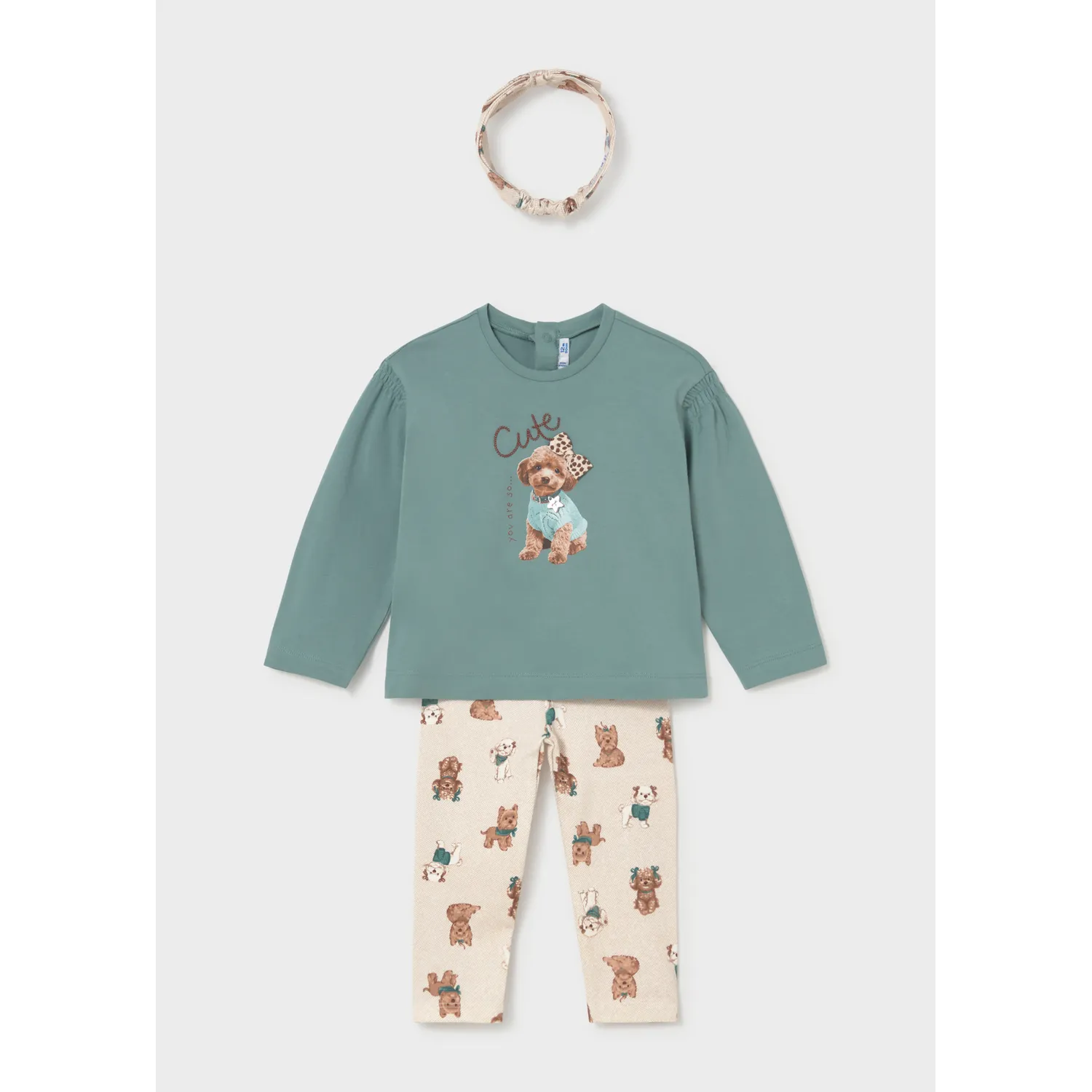 3PC GREEN & BEIGE LEGGING & HEADBAND SET PUPPY PRINT / 2780-068